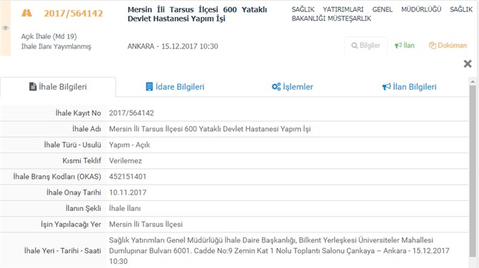 600 Yataklı Hastane Yapımı İlanı EKAP'ta Yayınlandı