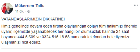 Mersin'in İlçe Belediye Başkanından Fırtına Uyarısı